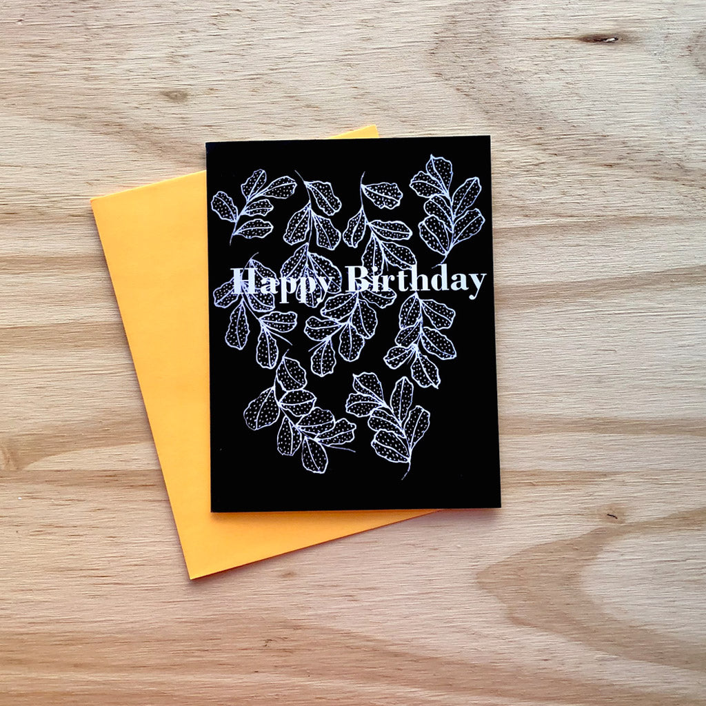 White Leaves Happy Birthday Card - Shelworks Stationery