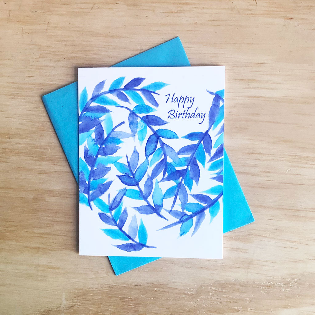 Watercolor Leaves Happy Birthday Card - Shelworks Stationery